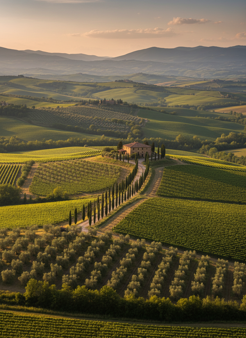 A panoramic view of rolling Tuscan hills layered with orderly vineyards and silvery olive groves, each row meticulously defined and lush. In the mid-ground, a stone farmhouse with terracotta roof tiles sits atop a gentle slope, flanked by a perfectly spaced avenue of cypress trees. Late afternoon golden hour light bathes the landscape in warm, honeyed tones, creating long, elegant shadows that emphasize the undulating terrain. Photographic realism, shot from an elevated vantage point with a wide lens, sharp focus throughout, and a serene, expansive mood that conveys the unhurried elegance of slow luxury travel in Tuscany.