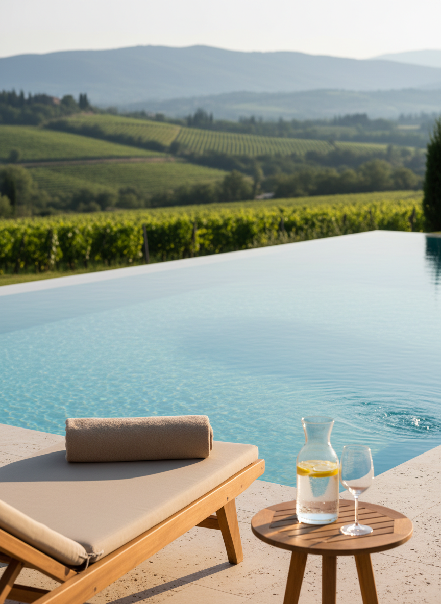 An immaculate outdoor infinity pool lined with creamy travertine stone, seamlessly blending into a backdrop of Tuscan vineyards and distant blue-tinged hills. On the pool’s edge, a neatly folded pair of plush, sand-colored towels rests on a teak lounger, beside a small side table holding a crystal carafe of lemon-infused water and a single wine glass. Soft, early morning light creates gentle reflections on the calm water and subtle highlights on the stone surfaces. Captured at eye level with a balanced composition and shallow depth of field that keeps the pool in crisp focus while softly blurring the far landscape, evoking refined relaxation and understated opulence.