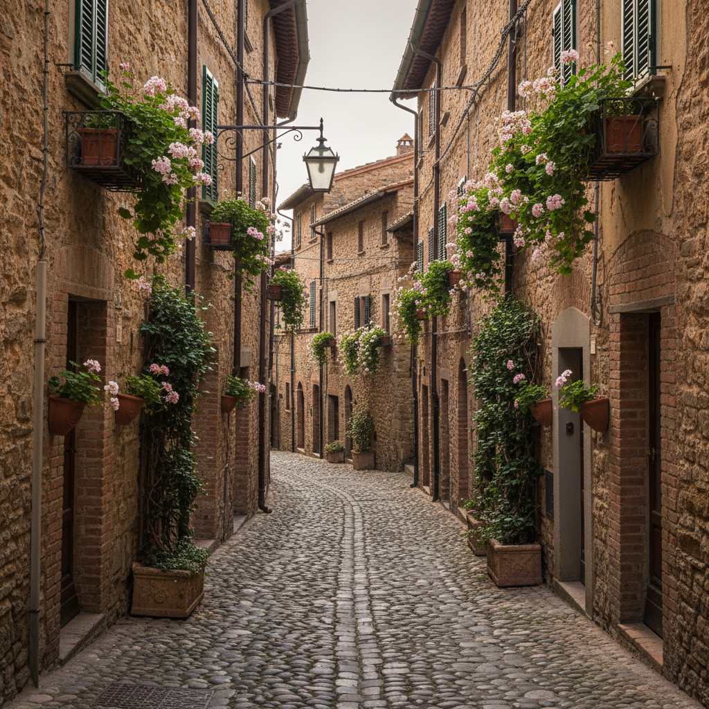 A narrow, cobblestone lane in a hilltop Tuscan village, completely empty and gently curving out of sight between stone buildings with weathered ochre and sienna facades. Window boxes overflow with trailing ivy and pale geraniums, while a single wrought-iron lantern hangs quietly above. Soft, diffused late-morning light slips into the alley, subtly illuminating the textures of aged stone, peeling paint, and rounded cobbles, with gentle shadows adding depth but no harsh contrast. Photographic realism, captured at eye level with a leading-lines composition drawing the viewer into the curve of the street, evoking a hushed, timeless atmosphere ideal for slow, luxurious wandering.