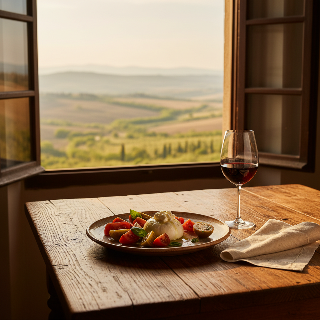 A richly grained wooden farmhouse table set beside a tall, open window overlooking a hazy Tuscan valley at sunset. On the table, a single handcrafted ceramic plate holds a simple yet elegant arrangement of heirloom tomatoes, fresh burrata, and basil, drizzled with golden olive oil. Nearby, a half-filled glass of deep ruby Chianti rests beside a linen napkin with a delicate hemstitch. Warm, low golden hour light streams through the window, casting soft shadows and a burnished glow on the food and wood texture. Photographic realism, shot from a three-quarter angle with shallow depth of field, creating an intimate, contemplative mood that emphasizes the slow pleasure of dining in Tuscany.