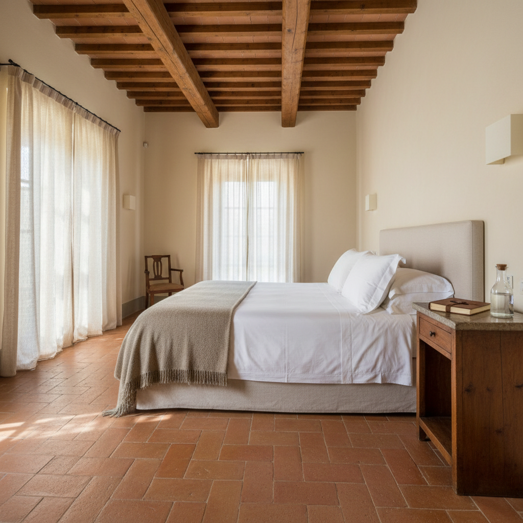 A meticulously restored Tuscan villa suite interior with exposed chestnut beams, smooth plaster walls in warm ivory, and a herringbone terracotta floor. Centered in the room, an inviting king-size bed is dressed in crisp white linen, a cashmere throw in muted taupe, and stacked, overstuffed pillows. Beside it, a stone-topped antique nightstand holds a hardcover travel journal and a small glass carafe of water. Soft, indirect afternoon light filters through sheer linen curtains, creating delicate patterns on the floor and bed. Photographic realism, framed with a wide lens to show the spaciousness and luxurious simplicity of the room, conveying calm, privacy, and unhurried indulgence.
